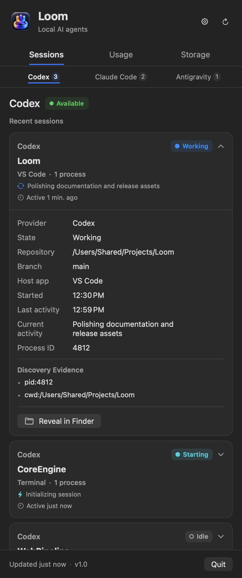 Loom menu bar popover showing active Sessions tab with process hierarchy and Git metadata