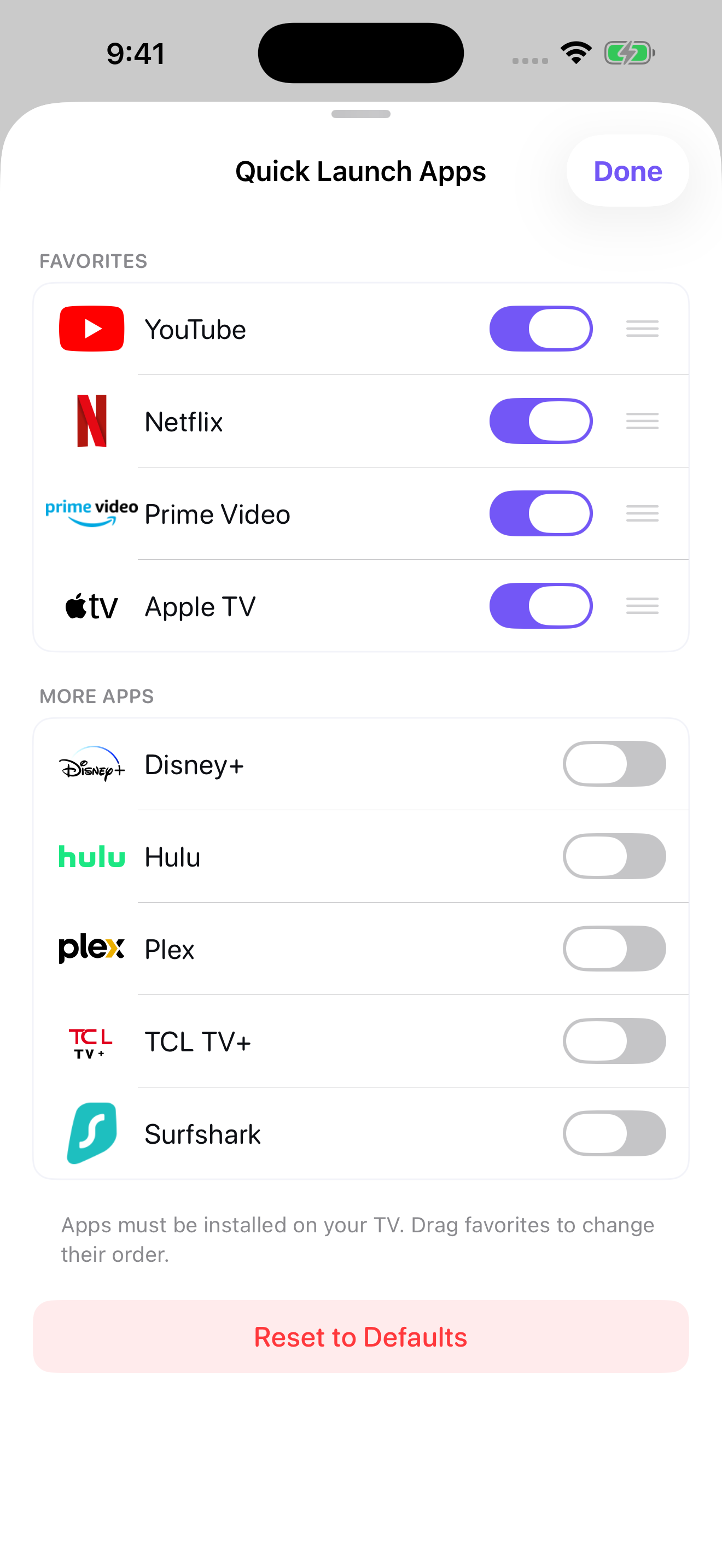 Naviik Quick Launch settings showing favorite TV apps