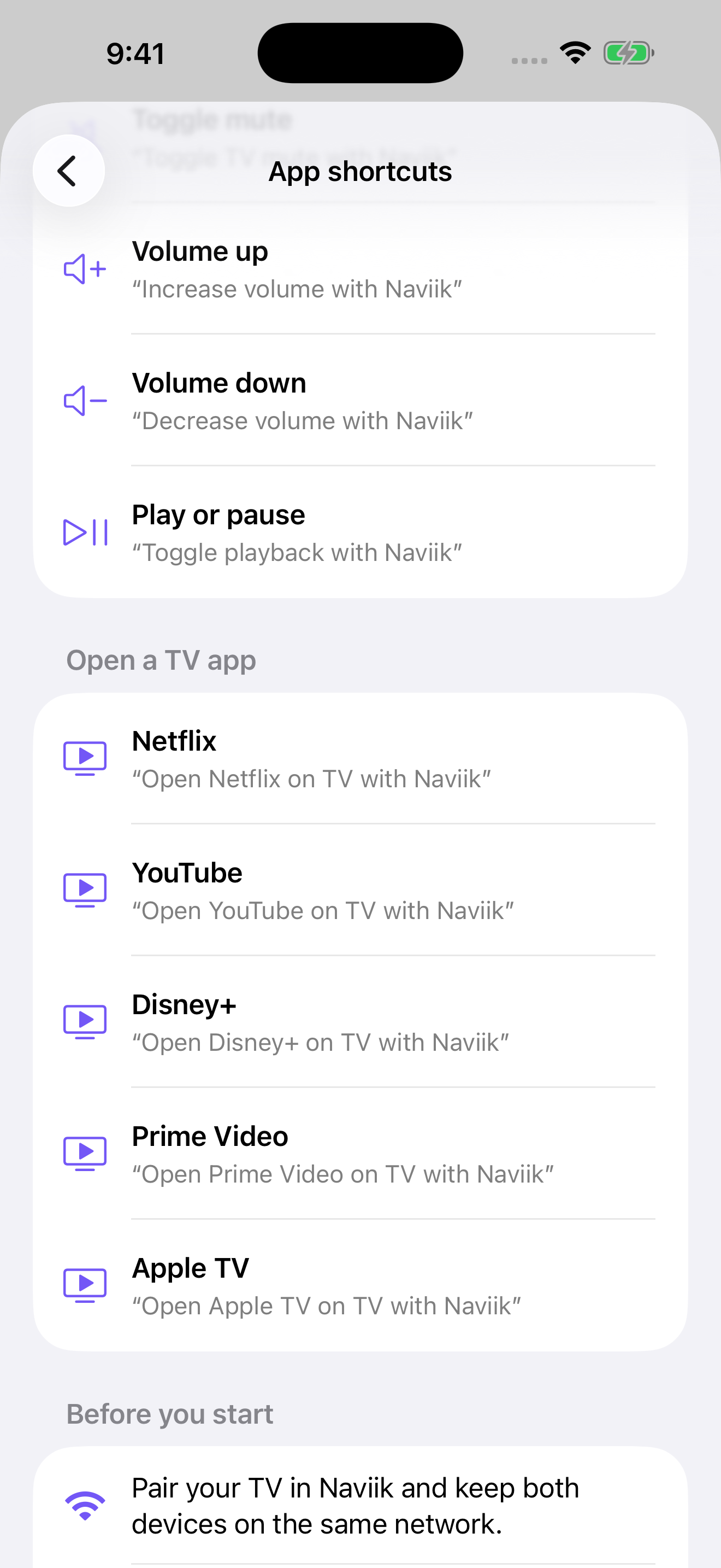 Naviik App shortcuts screen showing playback and volume commands plus Siri phrases to open Netflix, YouTube, Disney+, Prime Video and Apple TV